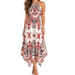Boston Proper White Halter Midi Dress with Red and Black Floral Print